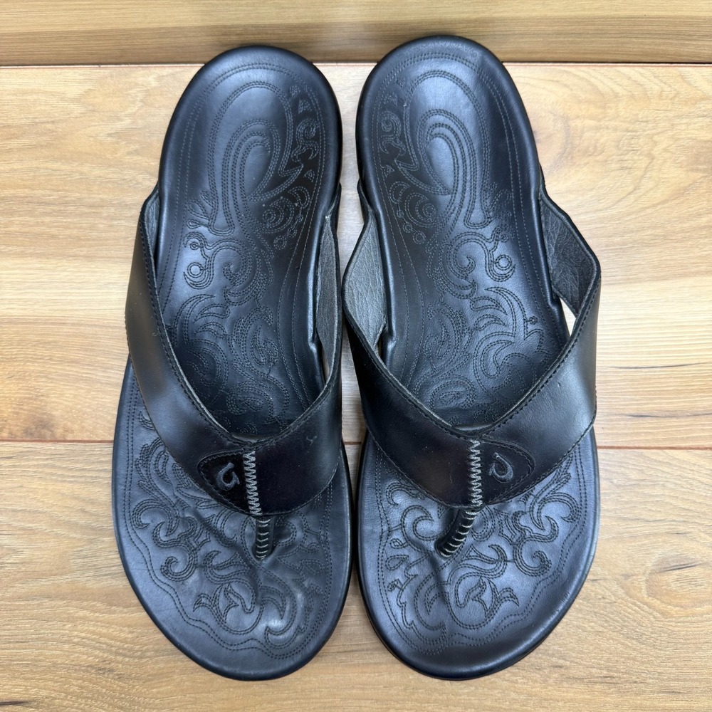 Olukai Mekila Black Leather Flip Flops Mens 14 Travel Everyday Pool Beach Resort